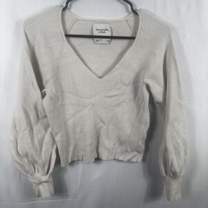 Abercrombie & Fitch Cream Ribbed V-Neck Balloon Sleeve Crop Sweater